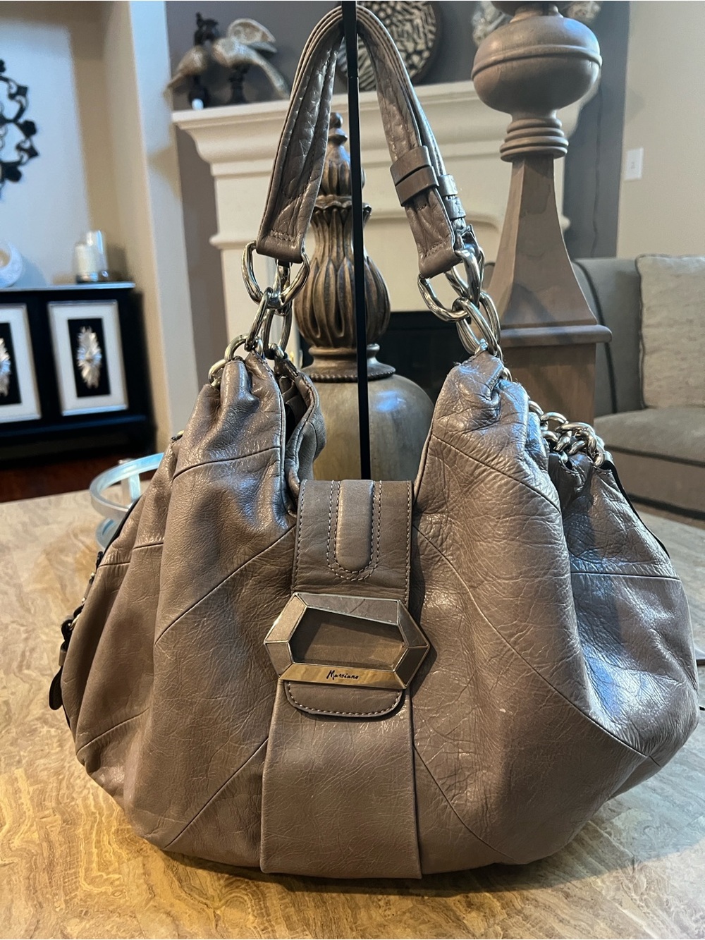 Marciano Taupe Leather Hobo with Chain Hardware.